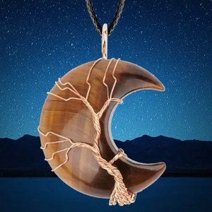 Tiger Eye Crescent Moon Natural Gemstone Tree Of Life Copper Wire Wrap Pendant